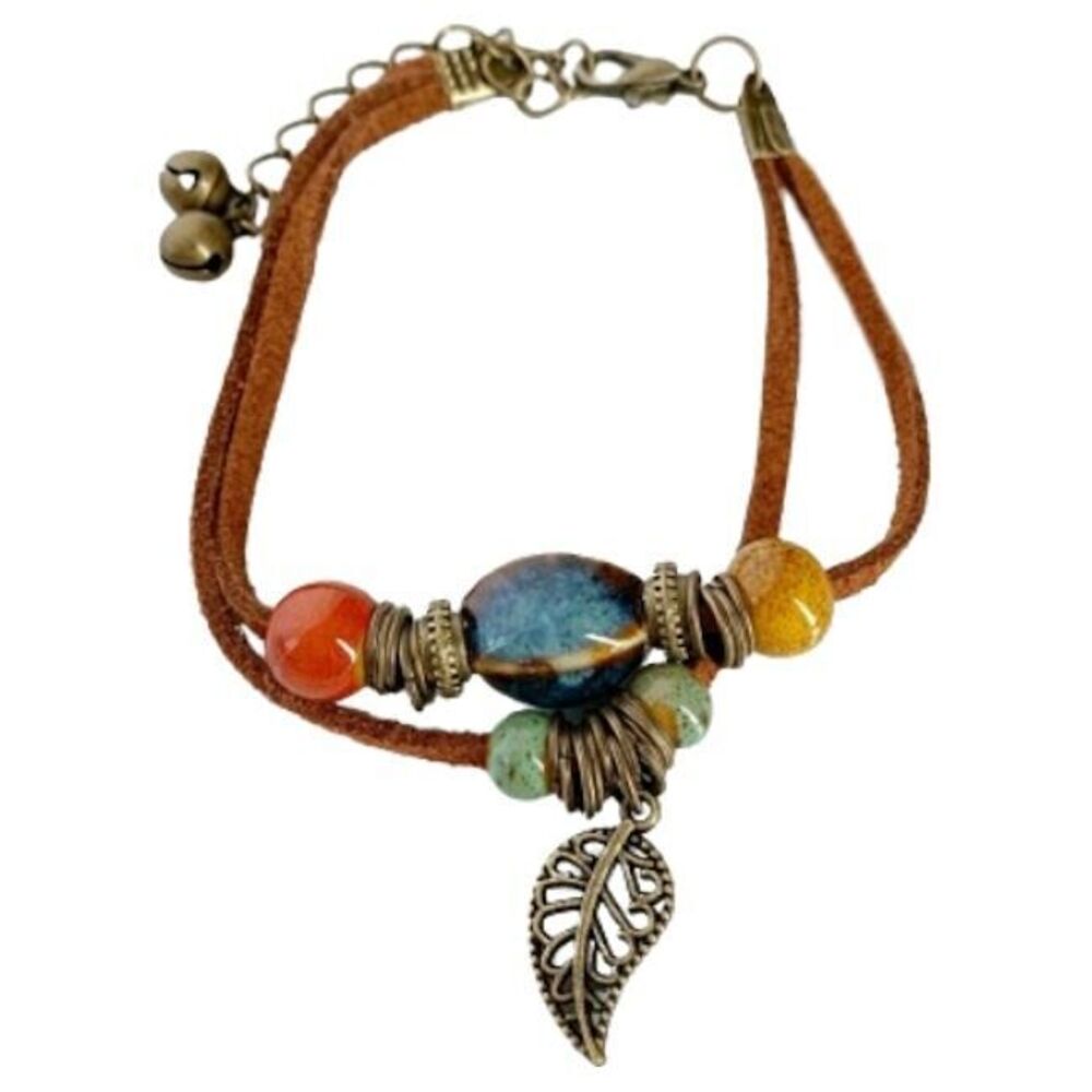 Boho Gypsy Bracelet NEW Blue Red Gold Ceramic Beads on Brown Leather FESTIVALS